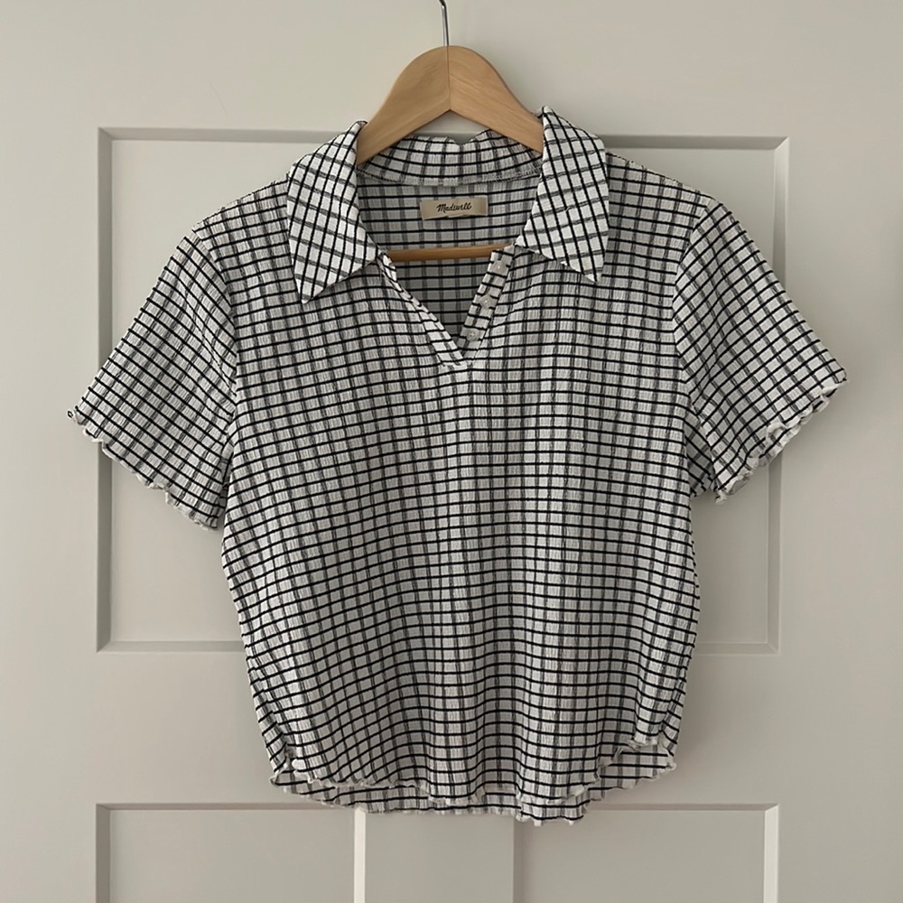 Madewell crinkle textured plaid cropped polo with ruffle sleeves